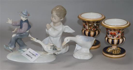 A pair of Davenport vases and three figures and vases, H.9.5cm